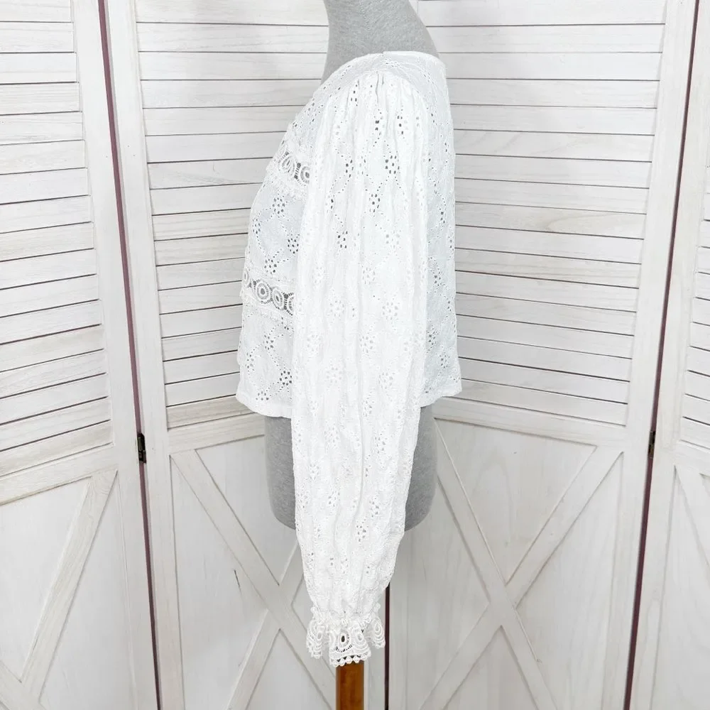 Zara Eyelet Balloon Sleeve Crop Top Shirt White Medium Cottagecore‎ Boho Country